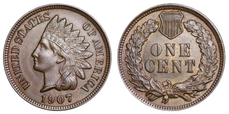 1907 Indian Head Penny obverse and reverse showing Liberty in headdress and ONE CENT reverse wreath