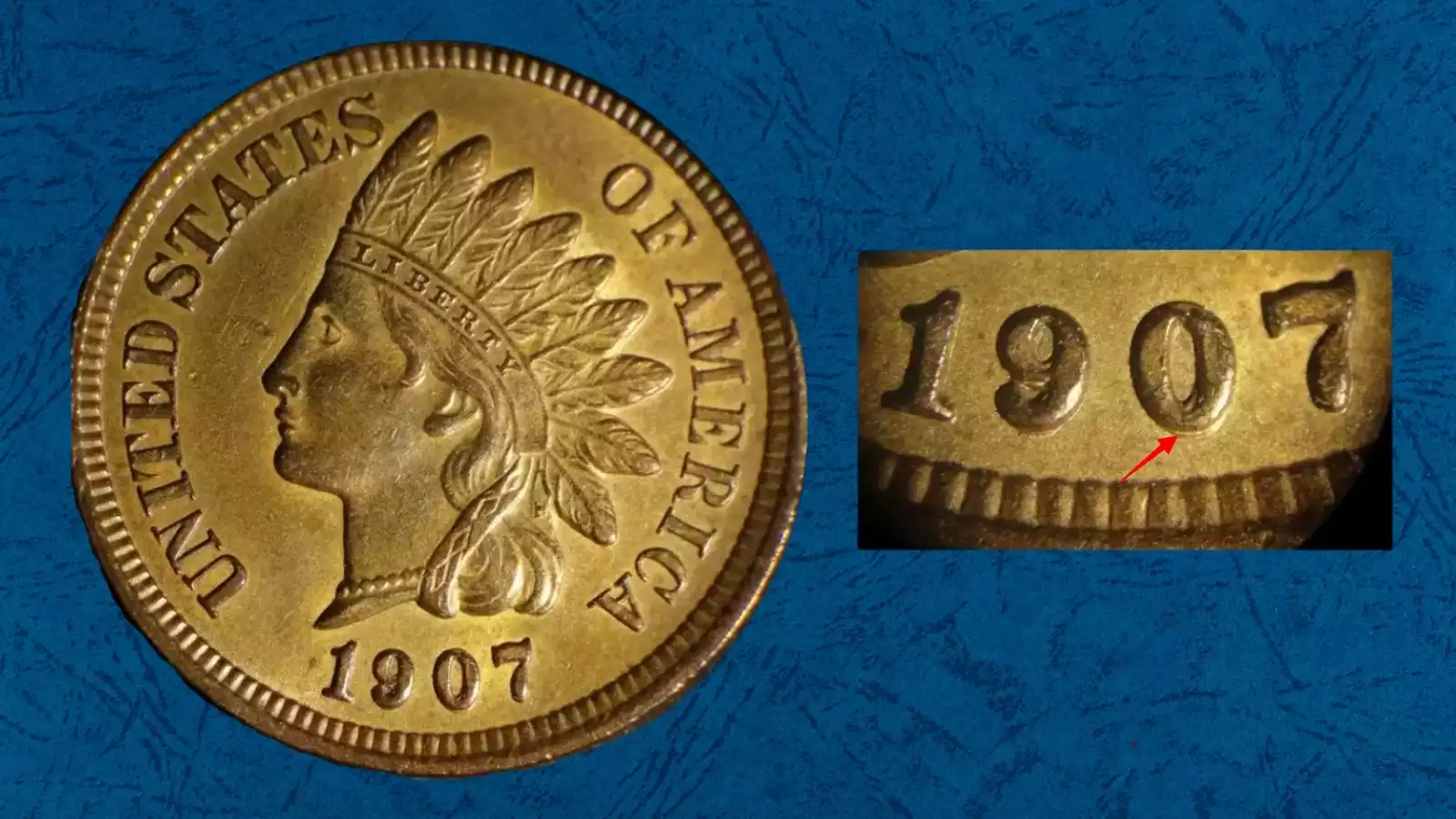 1907 Indian Head penny FS-301 repunched date error showing secondary digit impression in denticles below the date