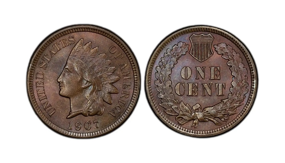 1907 Indian Head penny struck on wrong dime planchet shown next to a normal bronze cent for size and color comparison