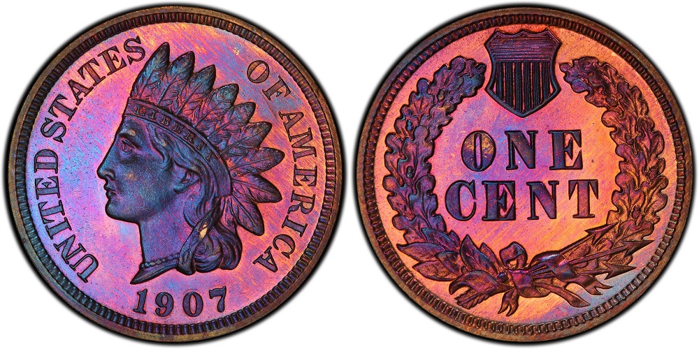 1907 Indian Head penny grading strip showing four examples from Good to Gem Uncirculated condition side by side
